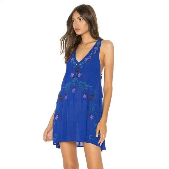 Free People Adelaide Embroidered Shift Mini Dress Ocean Blue Size XS - Picture 1 of 12